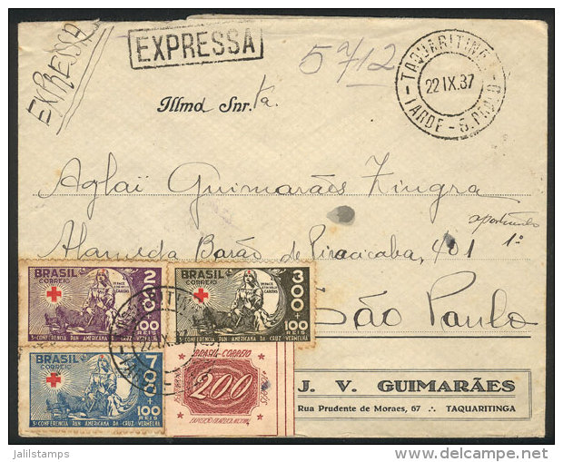 Express Cover Sent From TAQUARITINGA To Sao Paulo On 22/SE/1937 With Commemorative Postage For 1,400Rs., VF! - Sonstige & Ohne Zuordnung