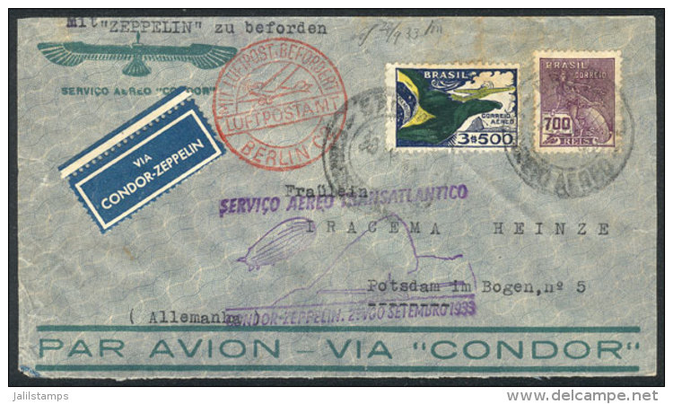 ZEPPELIN: Cover Sent From Sao Paulo To Germany On 24/SE/1933, With Special Violet Handstamp And Transit Backstamp... - Other & Unclassified
