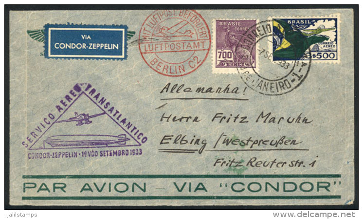 7/SE/1933 Rio De Janeiro - Germany, Via ZEPPELIN: Cover With Violet Triangular Cachet, And Friedrichshafen Arrival... - Other & Unclassified