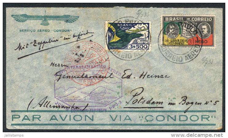 ZEPPELIN: Cover Sent From Sao Paulo To Germany On 6/JUL/1933, With Violet Handstamp And Friedrichshafen Transit... - Other & Unclassified