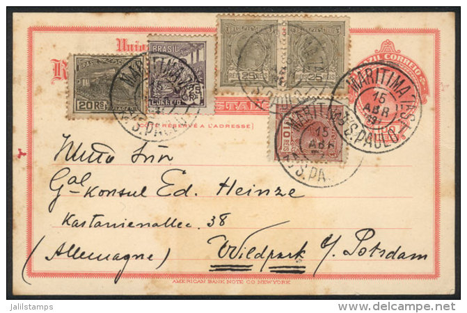 100Rs. Postal Card + 105Rs. In Postage Stamps, Sent From Sao Paulo To Germany On 15/AP/1924, Very Nice! - Andere & Zonder Classificatie