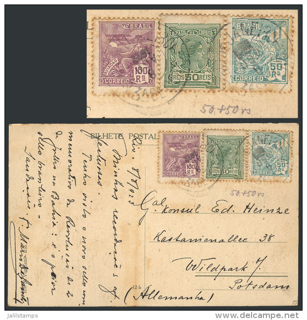 Postcard Sent From Rio To Germany On 8/AU/1923 With Interesting Postage Of 200Rs. That Includes TWIN VALUES Of... - Andere & Zonder Classificatie