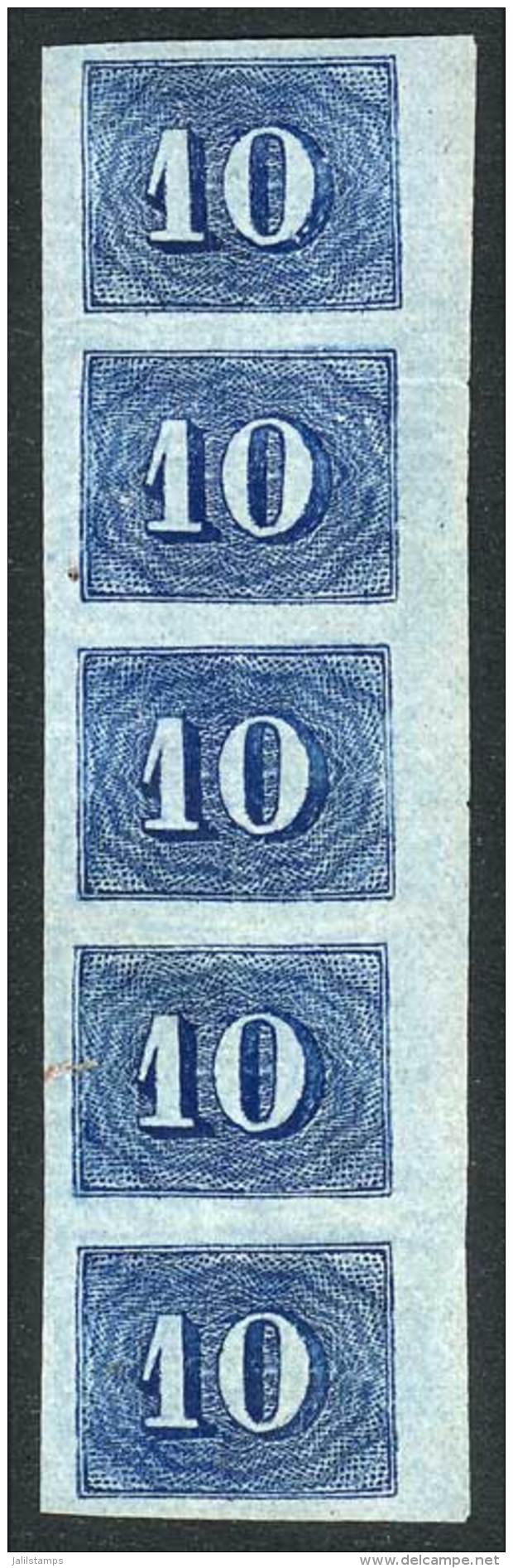 Sc.37, 1854 10R. Blue, Vertical Strip Of 5, Very Fine Quality, Very Nice! - Other & Unclassified