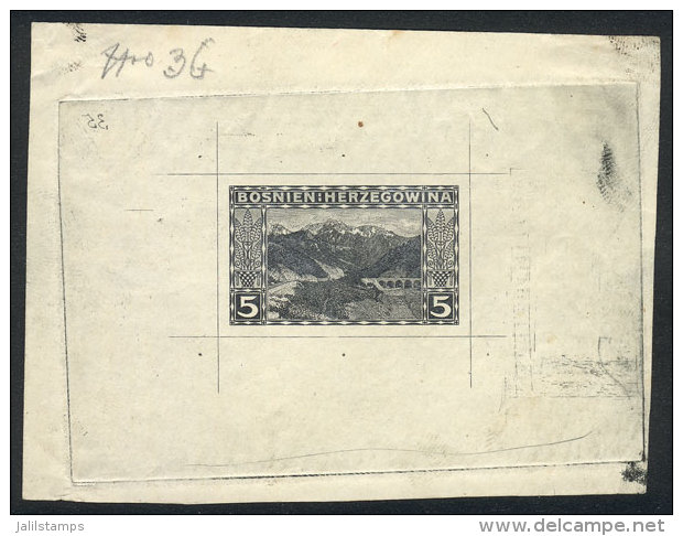 Yv.32 (Sc.33), 1906 5h., DIE PROOF Printed In Black On Thin Paper With Glazed Front, Superb, Rare! - Bosnia And Herzegovina