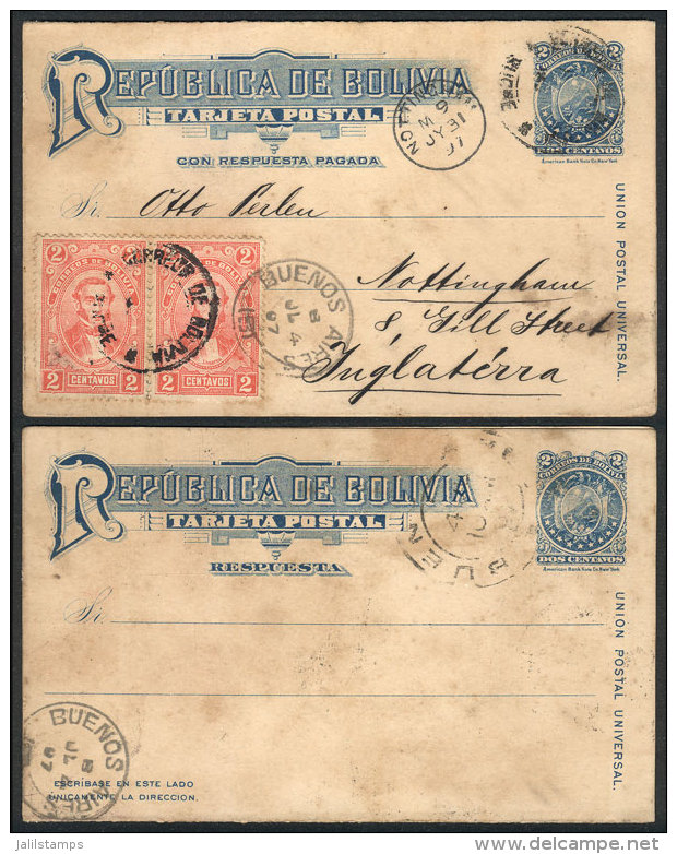 Double Postal Card With Reply Paid ATTACHED And Unused, Sent From Sucre To England On 16/JUN/1907 With Transit Mark... - Bolivia