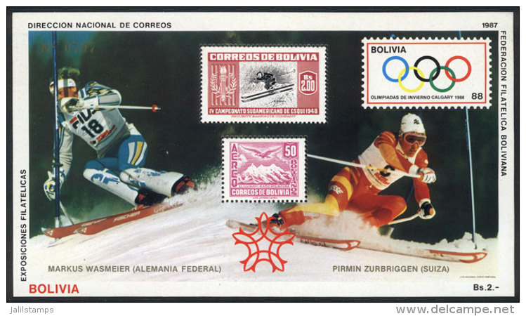 Souvenir Sheet Michel 167, 1987 Calgary Olympic Games, Ski, Sports, VF Quality! - Bolivia