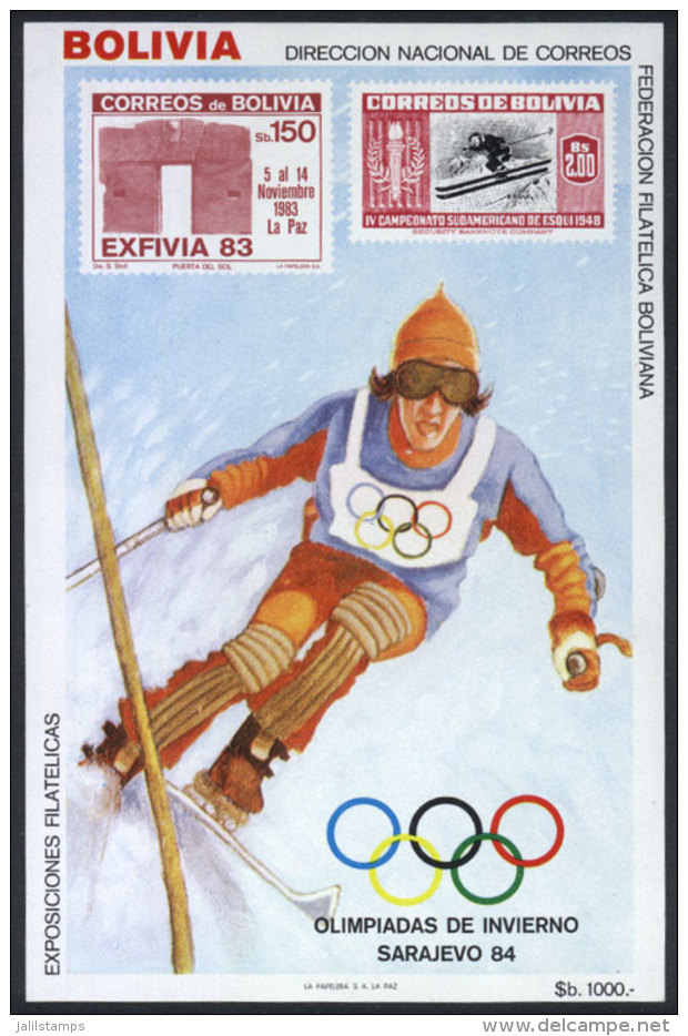 Souvenir Sheet Michel 136, 1983 Sarajevo Olympic Games, Ski, Sports, VF Quality! - Bolivia
