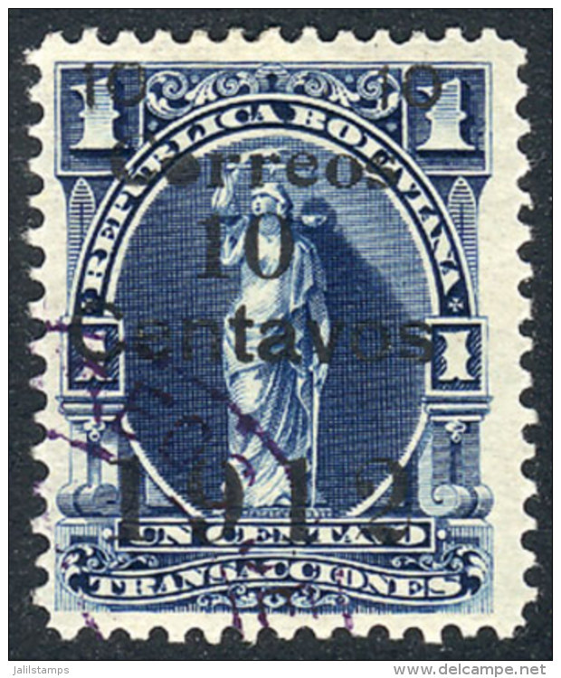 Yvert 92a, 1912 10c. On 1c. Blue, With BLACK SURCHARGE, Canceled To Order, VF Quality, Rare, Catalog Value Euros... - Bolivia