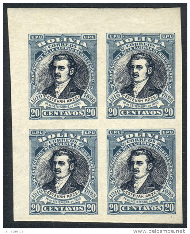 Yvert 89, 1910 Arze 20c., IMPERFORATE BLOCK OF 4, Sheet Corner, VF Quality! - Bolivia