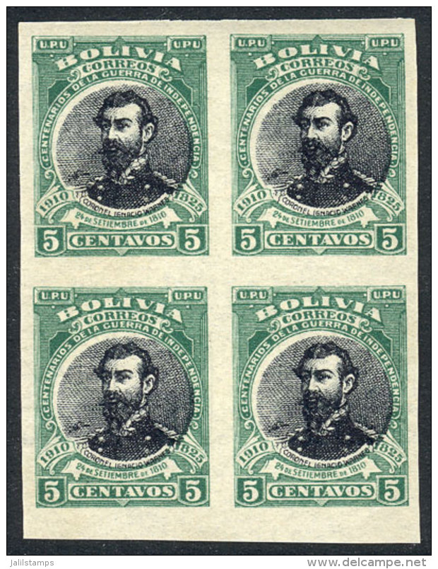 Yvert 87, 1910 5c. Warnes, IMPERFORATE Block Of 4, 2 Stamps WITH WATERMARK, Excellent Quality! - Bolivien