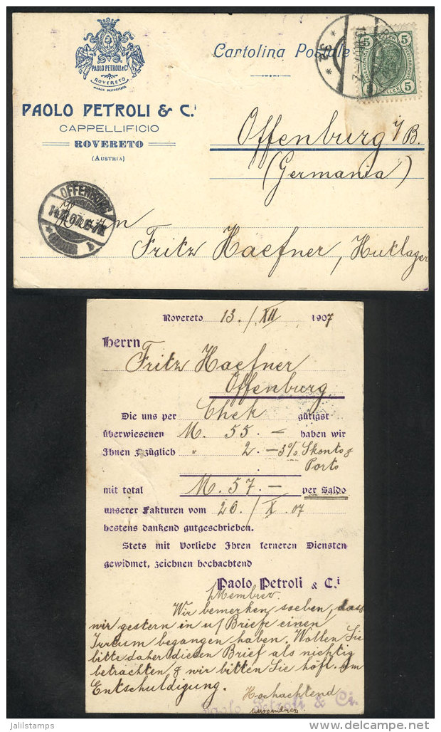 Card Franked With 5h. And Sent From ROVERETO To Offenburg (Germany) On 13/DE/1907, VF! - Other & Unclassified