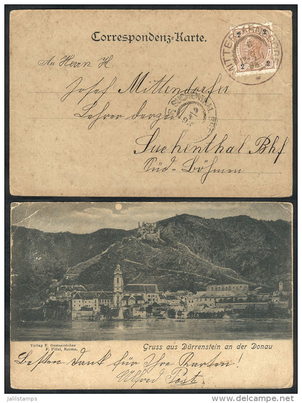 Postcard (general View Of D&uuml;rrenstein An Der Donau) Franked With 2kr. And Sent From MITTEL-ARNDORF To... - Other & Unclassified