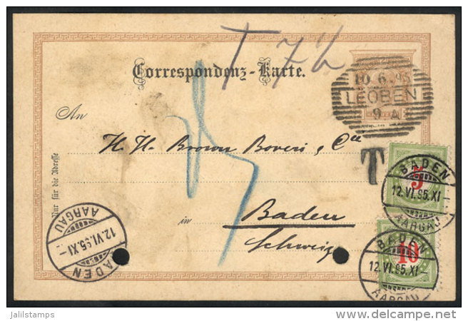 2Kr. Postal Card (with Filing Punch Holes) Sent From LEOBEN To Switzerland On 10/JUN/1895, With Swiss Postage Due... - Other & Unclassified