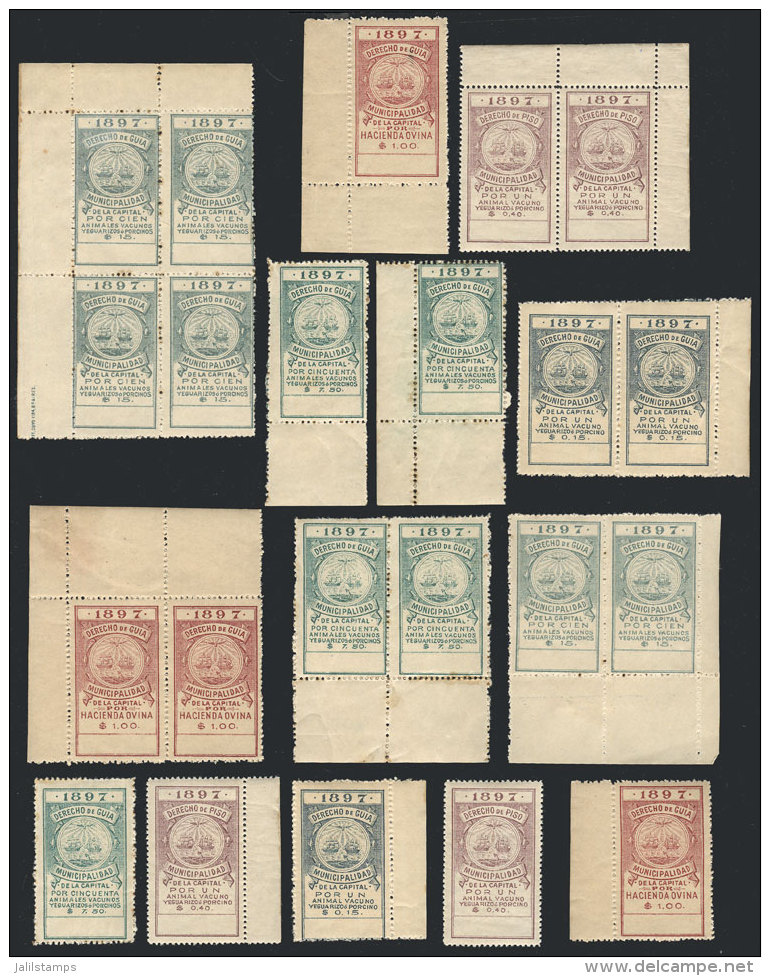 BUENOS AIRES CITY: Derecho De Gu&iacute;a, Year 1897, 22 Revenue Stamps Of Varied Values (singles, Pairs Or Blocks... - Other & Unclassified