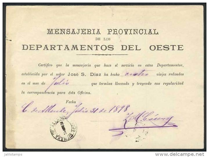 Receipt Of The Provincial Messenger Agency "Mensajer&iacute;a Provincial De Los Departamentos Del Oeste", Province... - Other & Unclassified