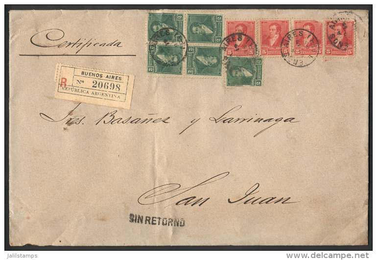 Registered Cover "sin Retorno" Sent From Buenos Aires To San Juan On 19/MAR/1895 Franked With 30c. (GJ.139 X5 + 156... - Other & Unclassified