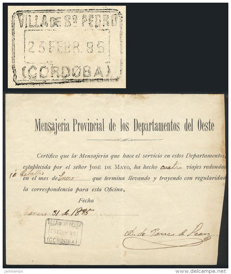 Receipt Of The Stagecoach Mail Service "Mensajer&iacute;a Provincial De Los Departamentos Del Oeste" Of The... - Other & Unclassified