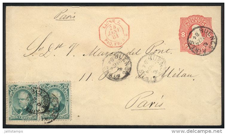 8c. Stationery Envelope + GJ.53 X2 (total Postage 12c.), Sent From Buenos Aires To Paris On 24/JA/1884, VF Quality. - Other & Unclassified