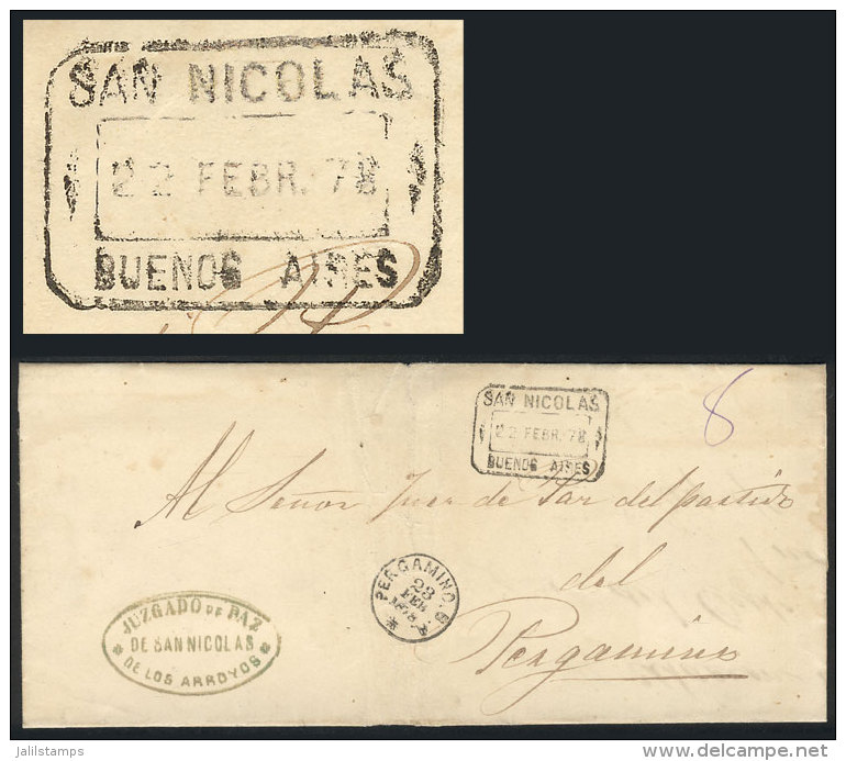 Official Folded Cover Sent To Pergamino On 22/FE/1878, With Rectangular Datestamp Of SAN NICOL&Aacute;S, And Round... - Other & Unclassified