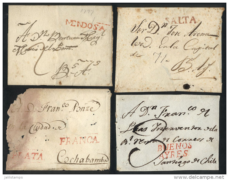 Circa 1790/1800, 4 Folded Covers Or Fronts Used In The COLONIAL PERIOD, With The Marks "MENDOSA" (signed By... - Other & Unclassified