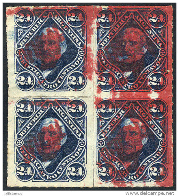 GJ.32, 24c. San Mart&iacute;n With Carmine-rose Overprint, BLOCK OF 4, Mint No Gum (with Minor Defect), With... - Officials