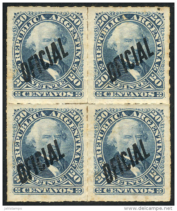 GJ.23, 20c. Velez Sarfield, Block Of 4, Mint With Original Gum Lightly Toned, Fine Quality. Catalog Value US$75. - Dienstzegels