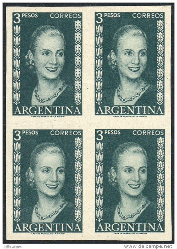 GJ.1014, 3P. Eva Per&oacute;n, PROOF In Green, Imperforate Block Of 4 On Unwatermarked Unsurfaced Paper, Excellent... - Sonstige & Ohne Zuordnung