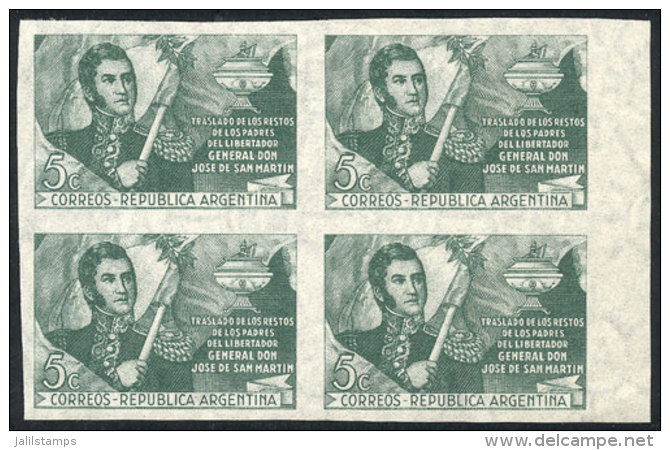 GJ.952P, 1947 San Mart&iacute;n, IMPERFORATE BLOCK OF 4, MNH, Fine Quality, Catalog Value US$40. - Otros & Sin Clasificación