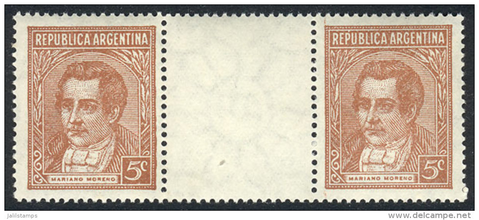 GJ.795EV, Moreno 5c. Unsurfaced Paper, Horizontal Gutter Pair, Mint Never Hinged, Superb, Catalog Value US$75 + 30%... - Other & Unclassified