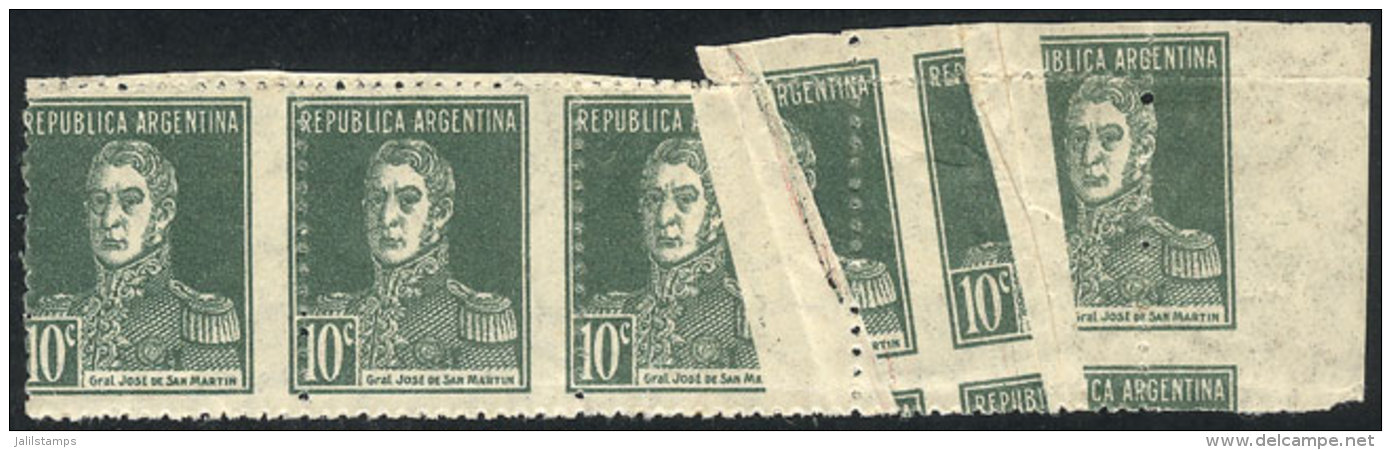 GJ.600, 10c. San Mart&iacute;n W/o Period, Strip Of 4 With Immense Folds, Spectacular And Very Rare! - Otros & Sin Clasificación