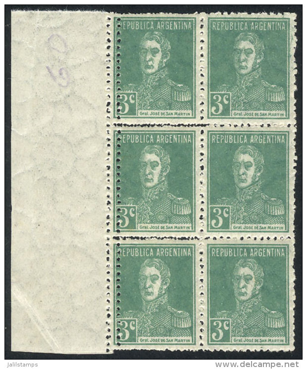 GJ.597, 1924 3c. San Mart&iacute;n W/o Period, Block Of 6 With Variety: DOUBLE PERFORATION In The Left Stamps, MNH,... - Other & Unclassified