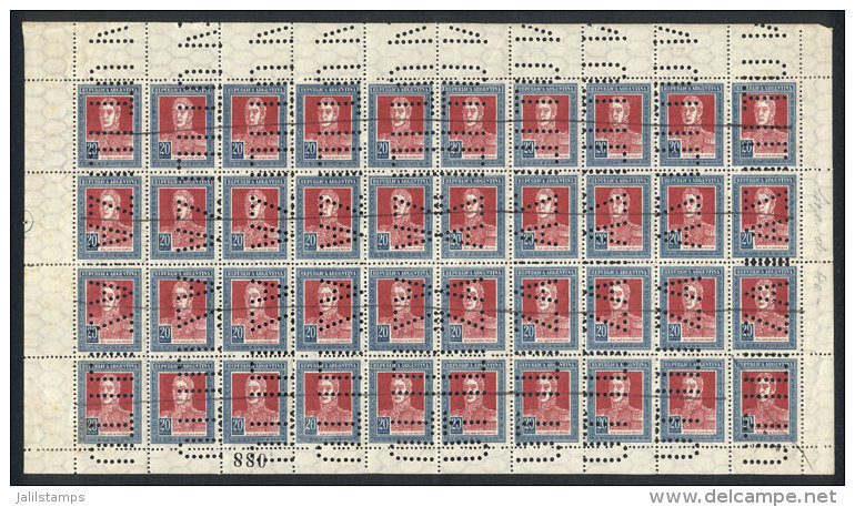 GJ.593o, 1923 San Mart&iacute;n 20P. With Horizontal Honeycomb Watermark, COMPLETE SHEET Of 40 Examples With... - Sonstige & Ohne Zuordnung