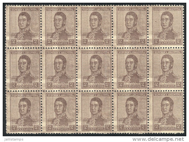 GJ.459a, 1918 2c. San Mart&iacute;n Unwatermarked, Block Of 15 With DOUBLE IMPRESSION Variety, ONE INVERTED (in The... - Otros & Sin Clasificación