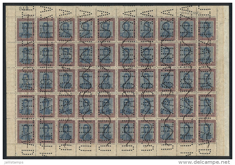 GJ.454o, 1917 San Mart&iacute;n 10P. With Honeycomb Watermark, COMPLETE SHEET OF 50, Perforated Cancel, Excellent... - Sonstige & Ohne Zuordnung