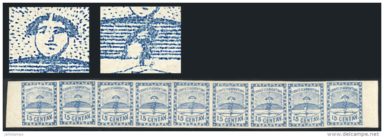 GJ.3a, 15c. Small Figures, Strip With The 9 Types, Including VARIETIES: "Parted Hair" (6th Stamp) And "white Spot... - Unused Stamps