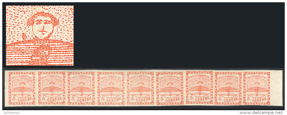 GJ.1a, 5c. Small Figures, Strip With The 9 Types, With VARIETY: "Large Spot At Left Of The Face" (3rd Stamp), MNH,... - Ongebruikt