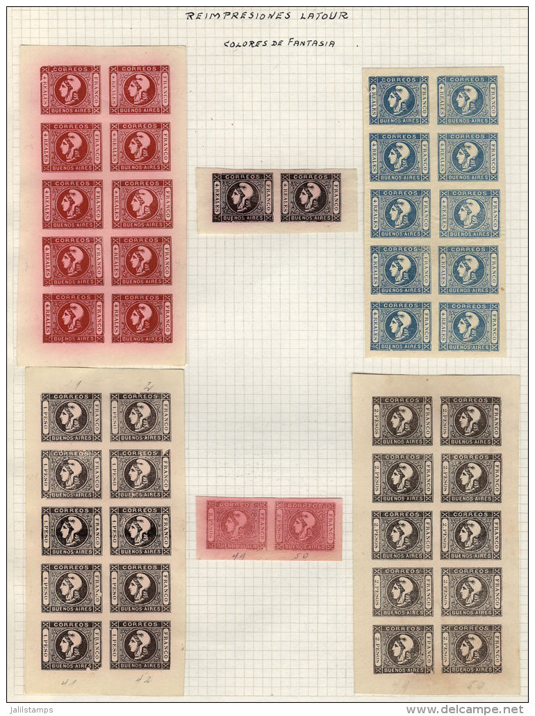LATOUR REPRINTS: 4 Sheets Of 10 Values Each + 2 Pairs, Printed In Unissued Colors On Medium, Yellowish And Hard... - Buenos Aires (1858-1864)