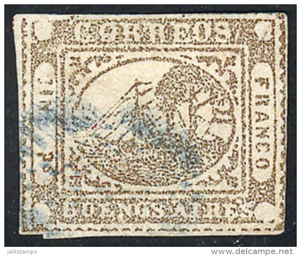 GJ.10A, IN Ps. Light Dun, Blue Ponchito Cancel, With 3 Wide Margins, VF Quality! - Buenos Aires (1858-1864)