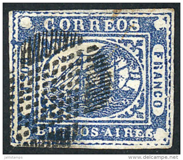 GJ.5, Dos Pesos Blue, Very Ample Margins, Ponchito Cancel, With A Tiny Thin On Back Insignificant Given The Beauty... - Buenos Aires (1858-1864)