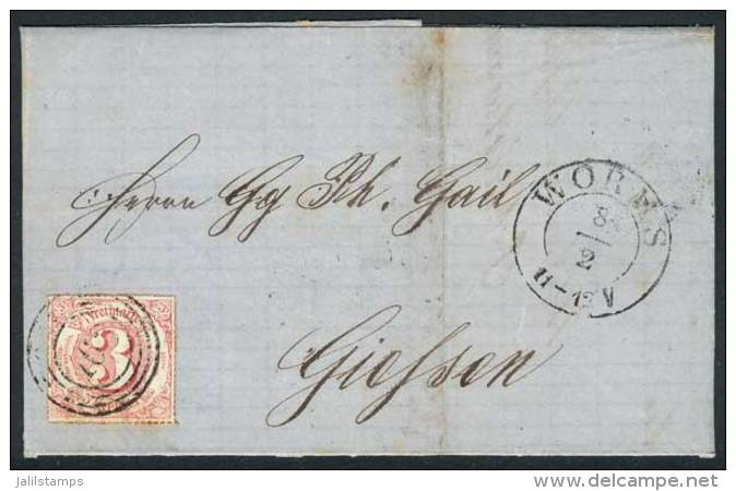 Complete Folded Letter Sent From Worms To Giessen On 8/FE/1867, Franked By Michel 52, Numeral Cancel "163",... - Autres & Non Classés