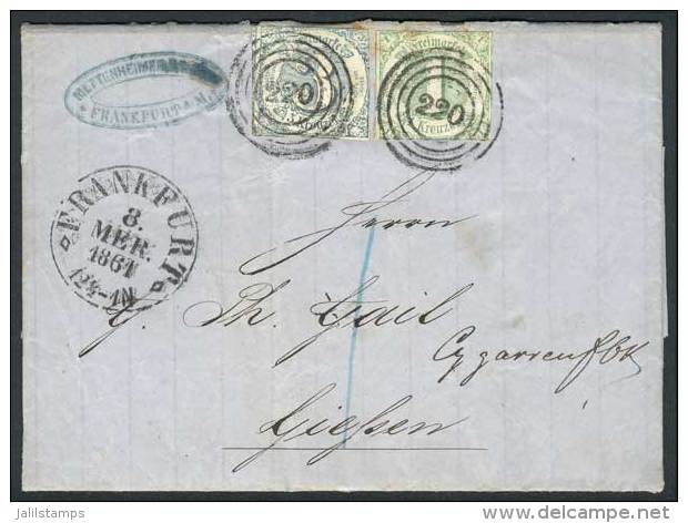 Complete Folded Letter Sent From Frankfurt To Giessen On 8/MAR/1861, Franked By Michel 20 + 21 (total 4Kr.),... - Sonstige & Ohne Zuordnung