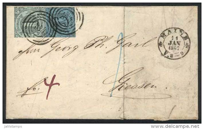 Folded Cover Sent From Mainz To Giessen On 11/JA/1857, Franked By Michel 7 + 11, Numeral Cancel "134", Very Pretty! - Other & Unclassified