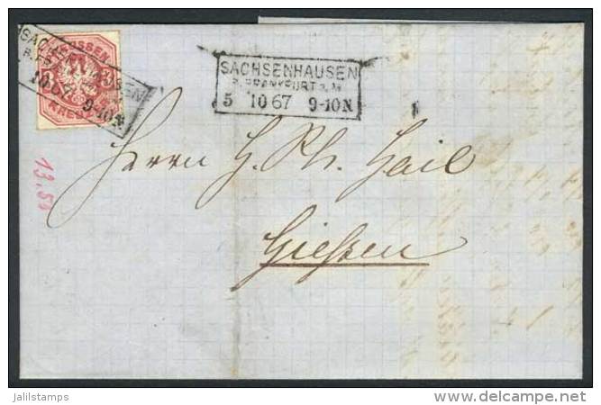 Cover Sent From Sachsenhausen To Giessen On 5/OC/1867, Franked By Michel 24, With Nice Rectancular Cancel, Very... - Sonstige & Ohne Zuordnung