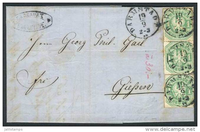 Cover Sent From Darmstadt To Giessen On 18/SE/1867, Franked By Michel 22 X3, Datestamped, Very Fine Quality, Rare! - Otros & Sin Clasificación