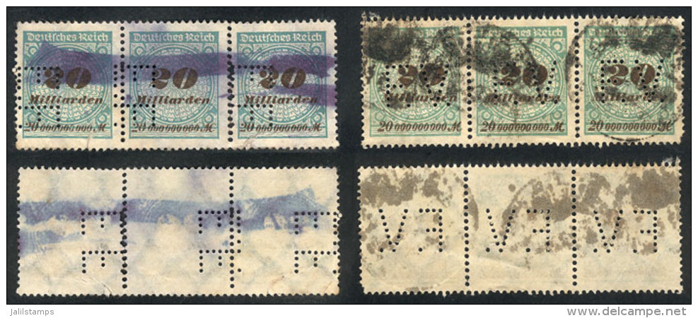 2 Used Strips Of 3 Of INFLA Stamps (different Colors) With Interesting "E.F." And "E.V." Perfins, VF! - Other & Unclassified