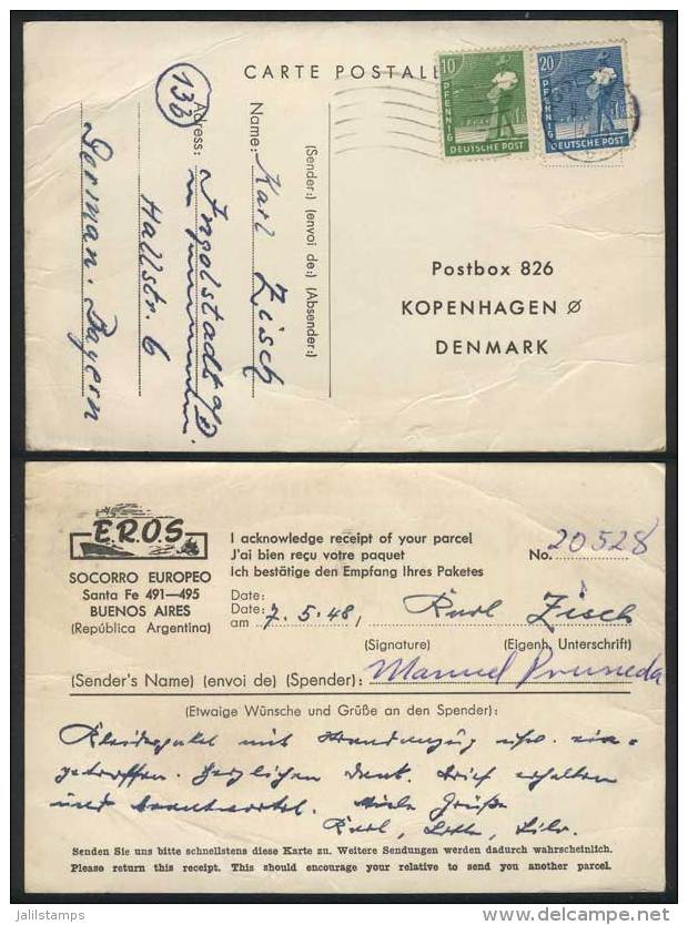 E.R.O.S. Postcard (European Aid For Victims Of World War II) Franked With 30Pf. And Sent To Denmark On 5/MAY/1948,... - Other & Unclassified