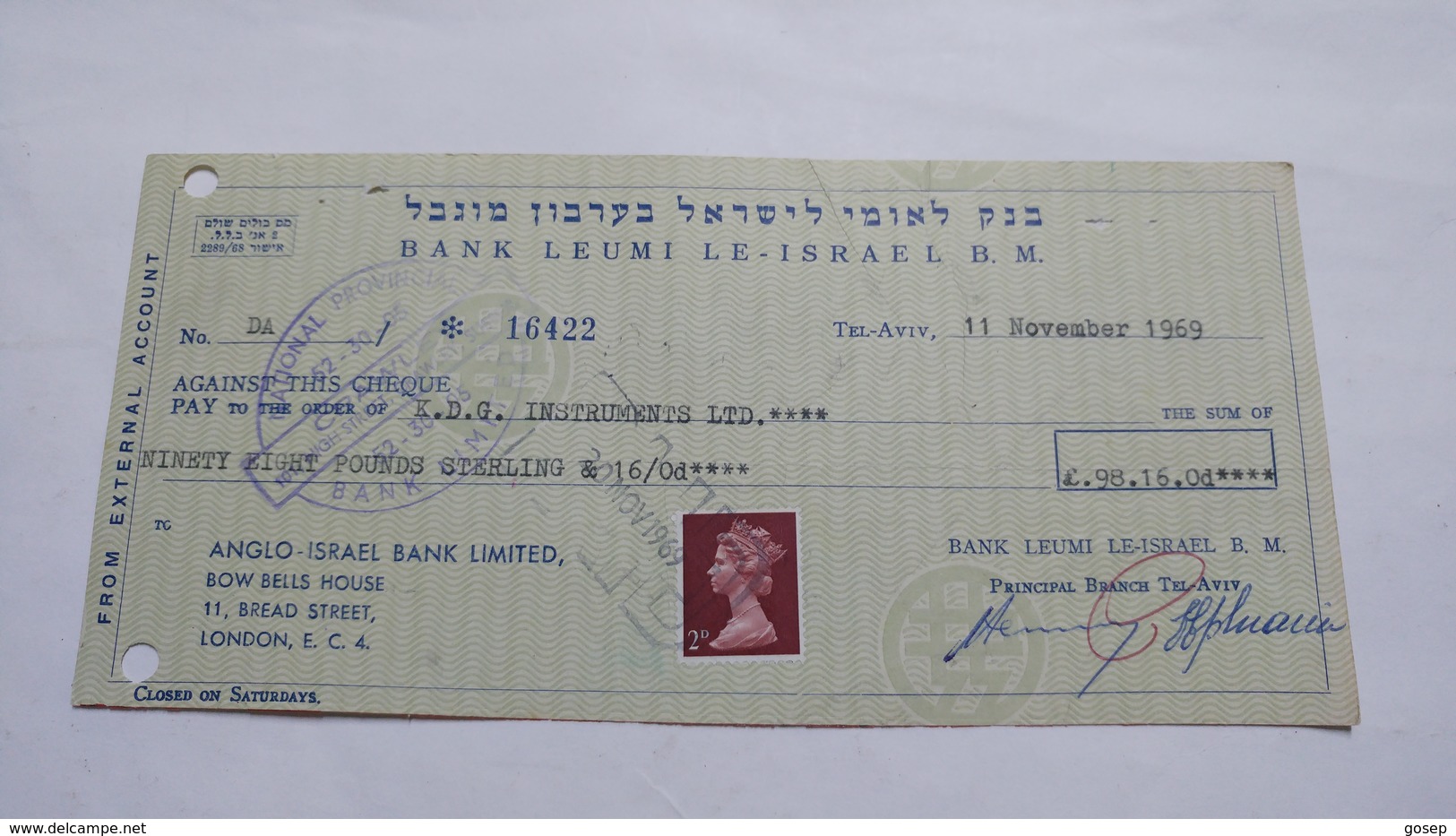 Israel-bank Leumi Le Israrl Limited-(11.11.1969)-(number Cheek-16422) - Israël