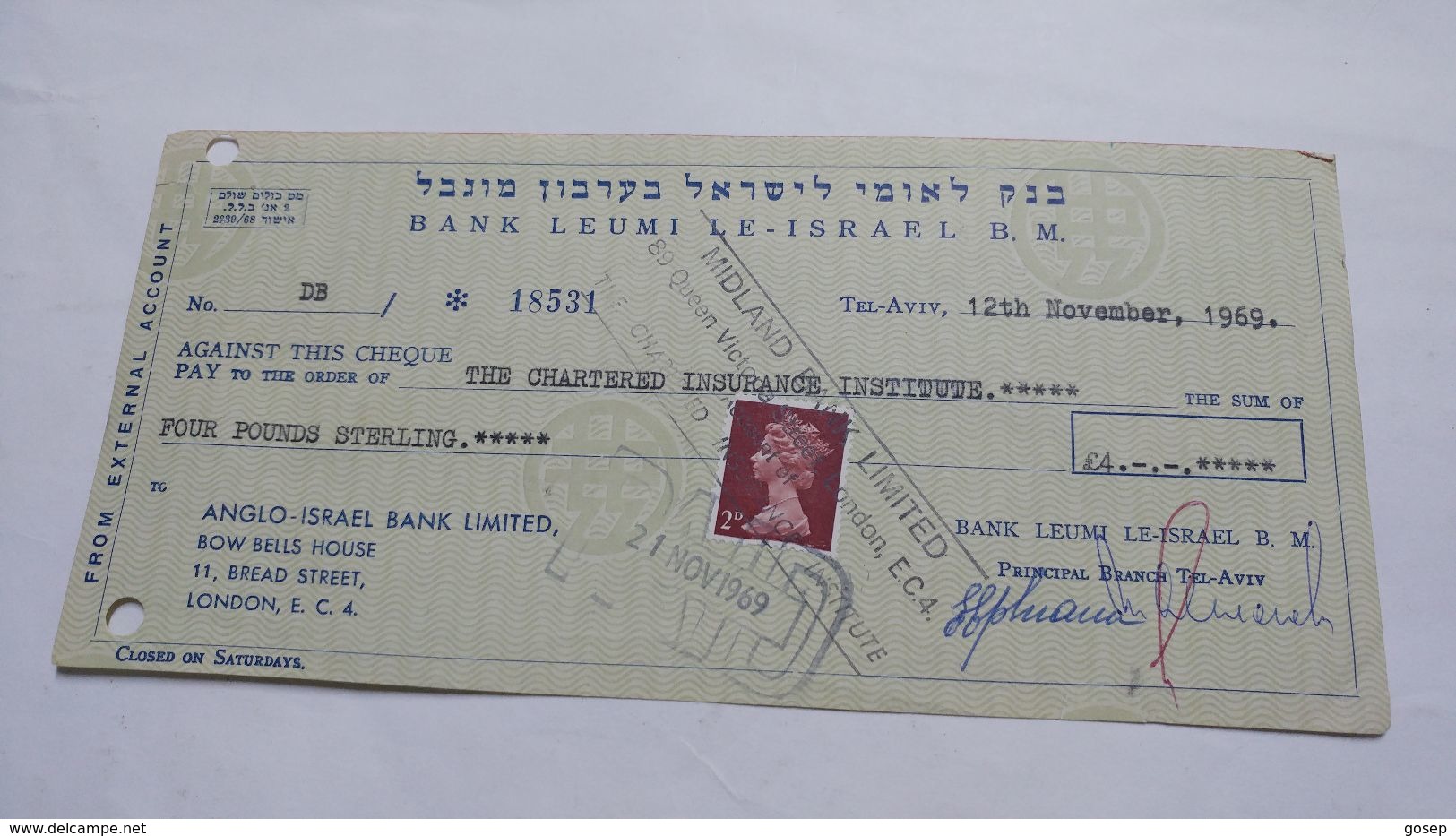 Israel-bank Leumi Le Israrl Limited-(12.11.1969)-(number Cheek-18531) - Israel