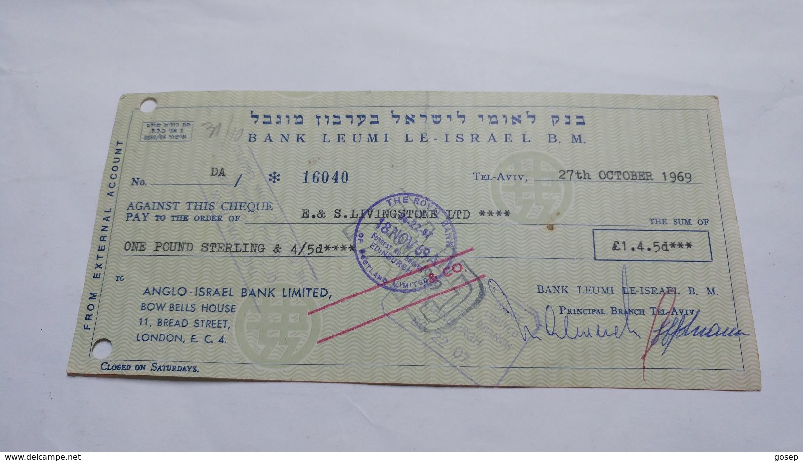 Israel-bank Leumi Le Israrl Limited-(28.10.1969)-(number Cheek-16040) - Israel