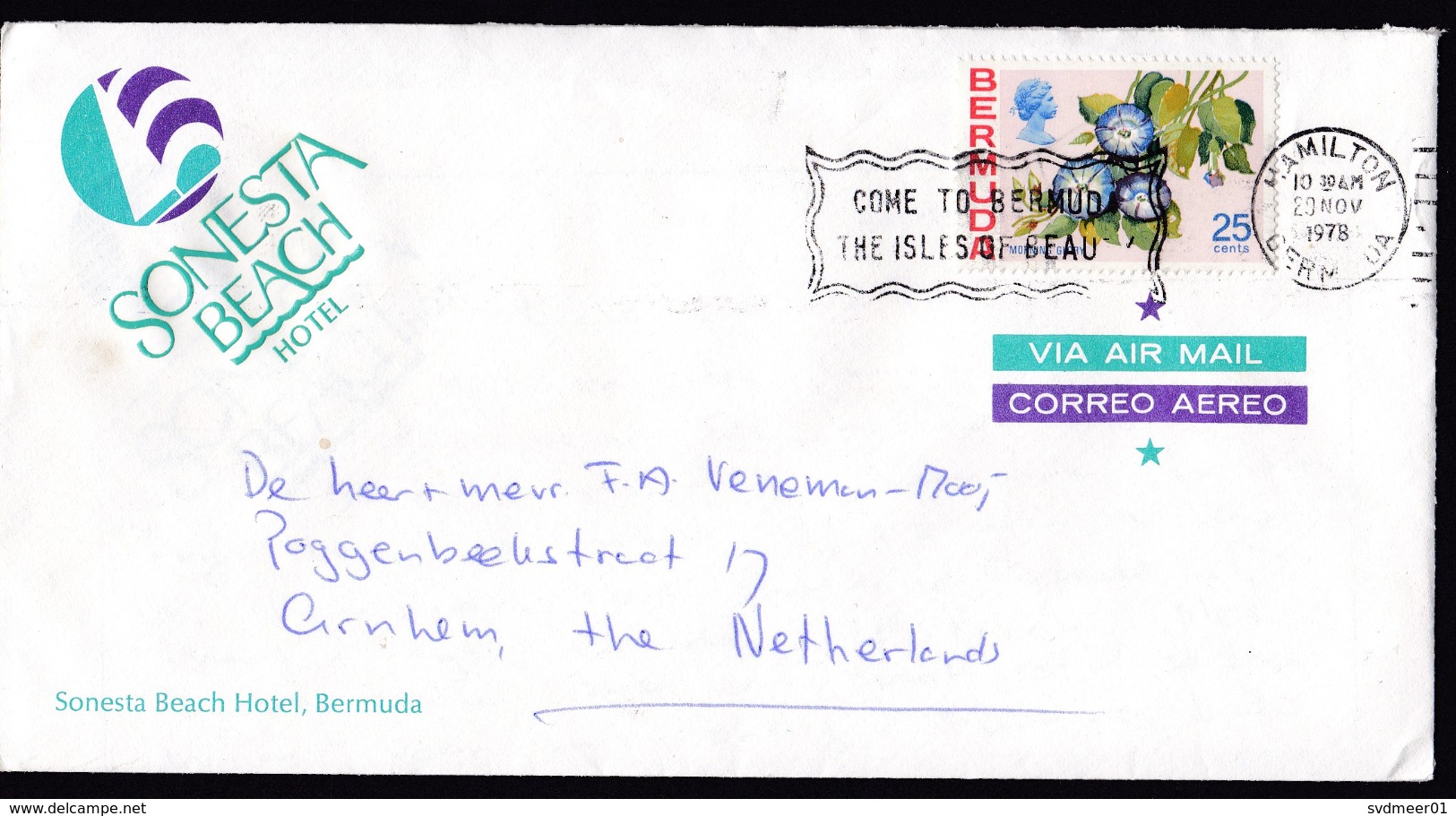 Bermuda: Airmail Cover To Netherlands, 1978, 1 Stamp, Flowers, From Sonesta Beach Hotel, Letter Enclosed (traces Of Use) - Bermuda